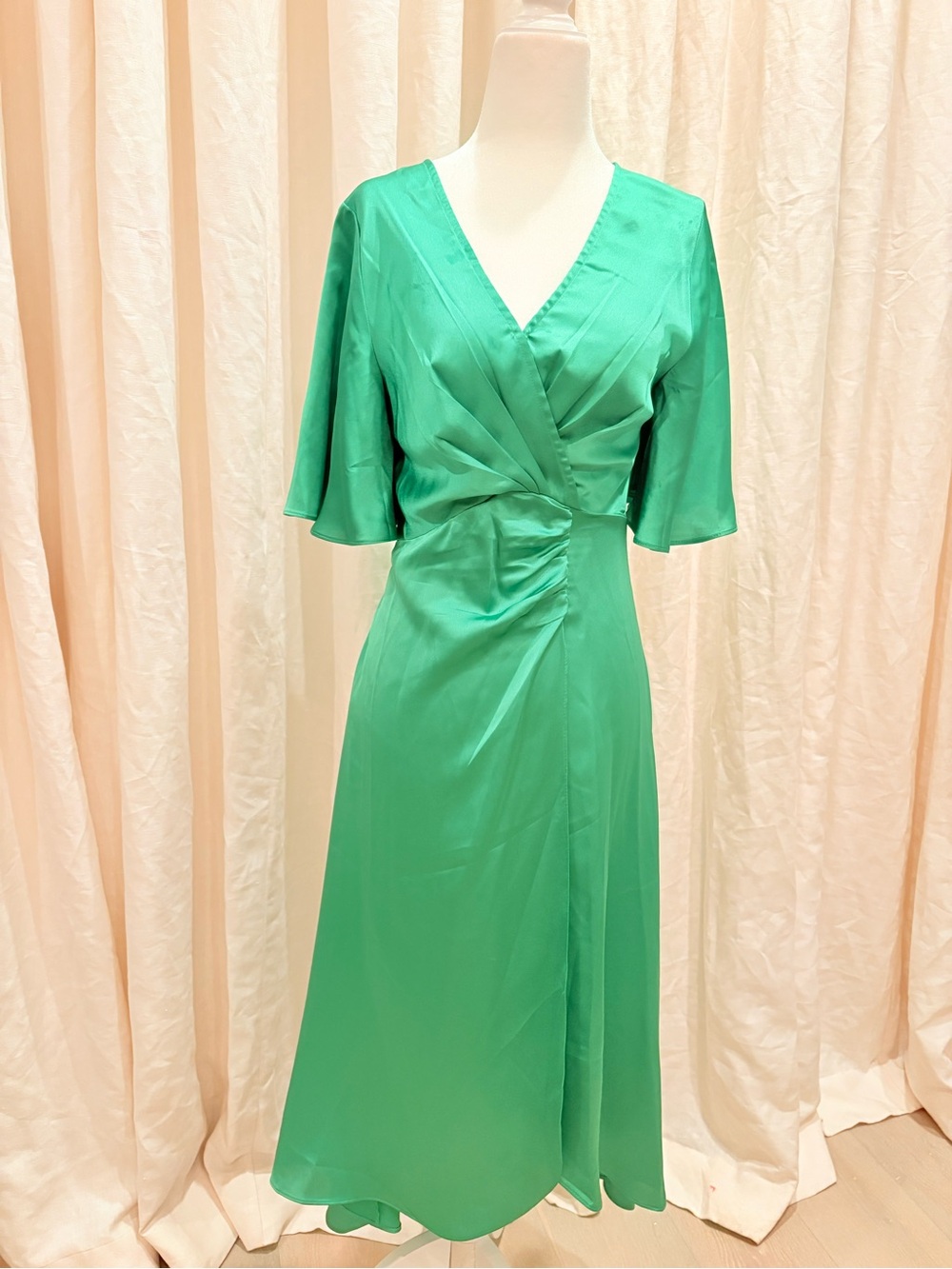 Emerald Green Satin Wrap Maxi Dress L Flutter Sleeves Wedding Guest Easter